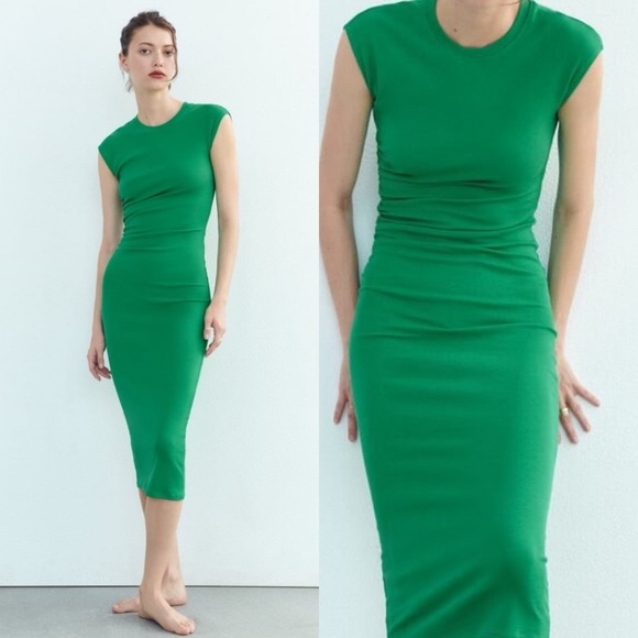 🚫SOLD🚫ZARA GREEN RUCHED MIDI DRESS - Picture 6 of 7